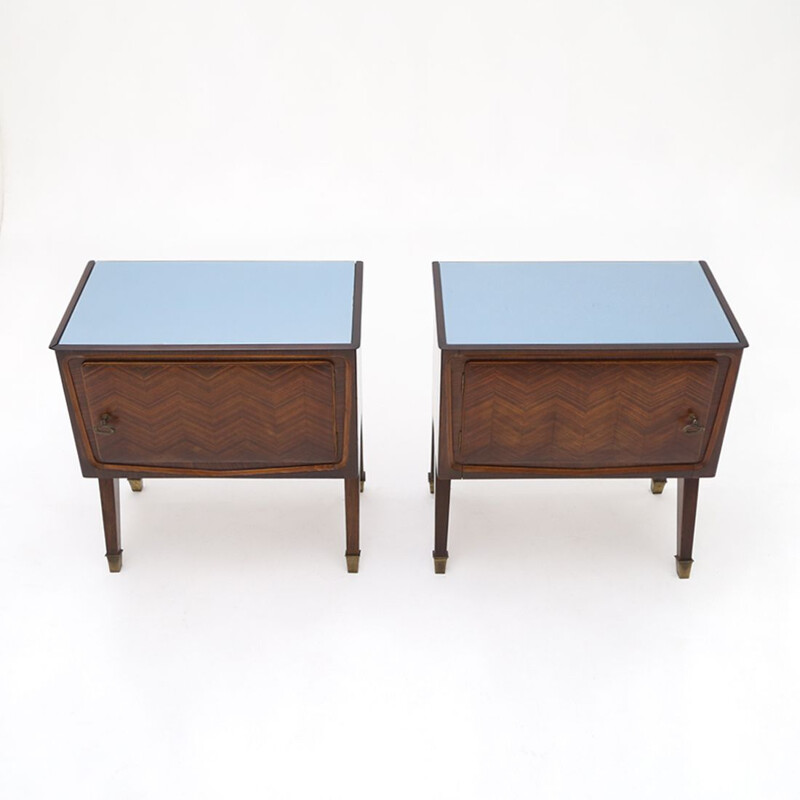 Pair of vintage wooden night stands and glass top, 1950s