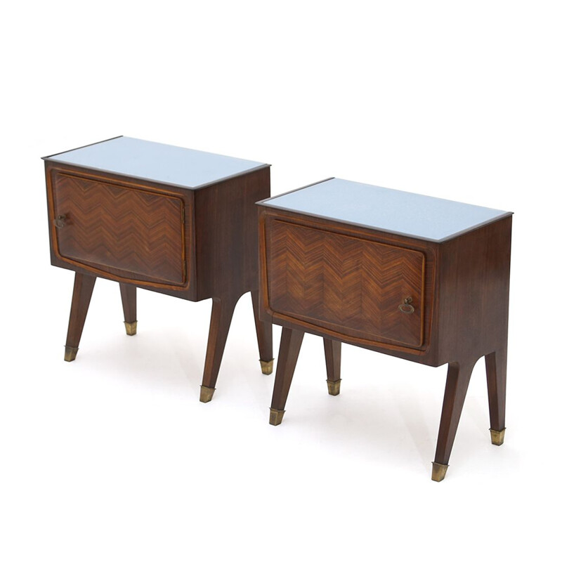 Pair of vintage wooden night stands and glass top, 1950s