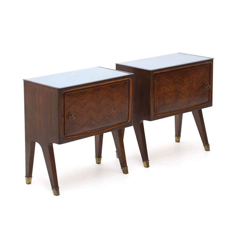 Pair of vintage wooden night stands and glass top, 1950s