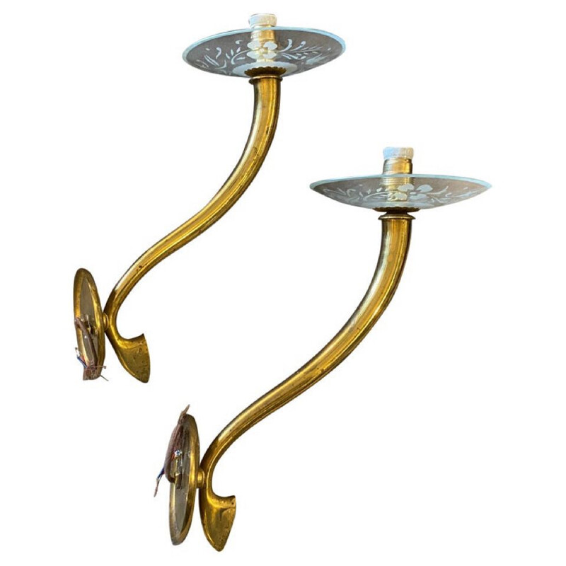 Pair of mid-century Italian brass and glass wall lamps, 1950s