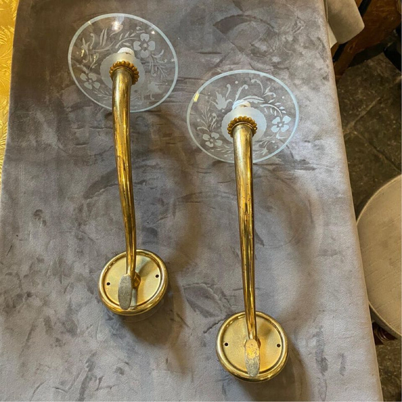 Pair of mid-century Italian brass and glass wall lamps, 1950s