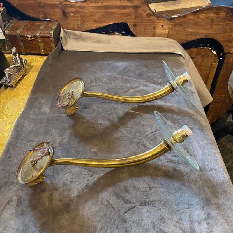 Pair of mid-century Italian brass and glass wall lamps, 1950s