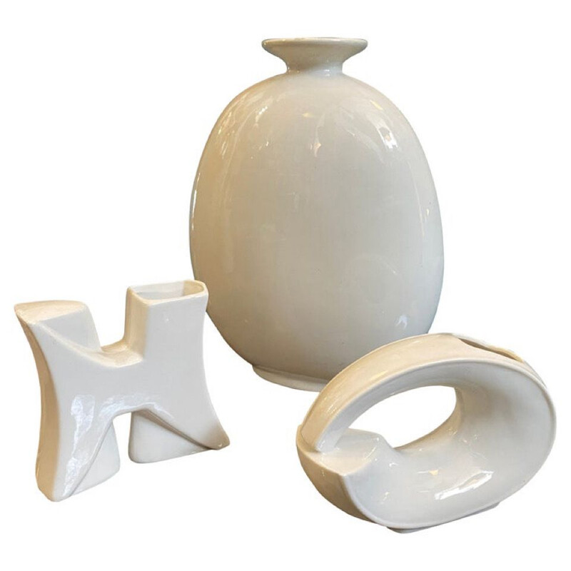 Ensemble de 3 vases italiens vintage moderniste en céramique blanche, 1970