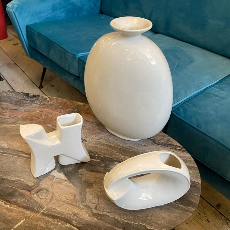 Set of 3 vintage modernist white ceramic Italian vases, 1970s