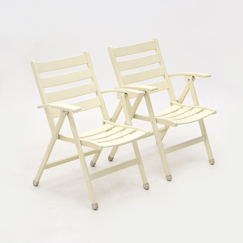 Juego de 4 sillones de exterior plegables de madera maciza vintage, 1960