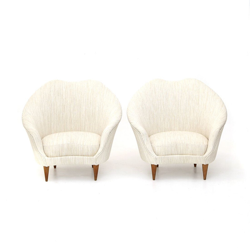Paire de fauteuils vintage en tissu blanc crème de Federico Munari, 1950