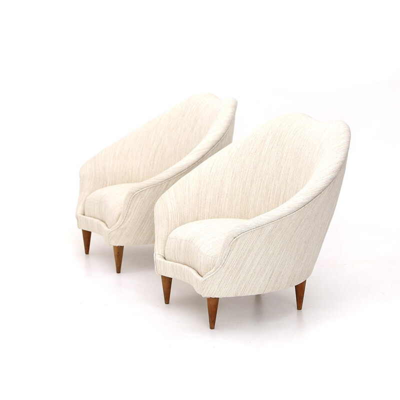 Paire de fauteuils vintage en tissu blanc crème de Federico Munari, 1950