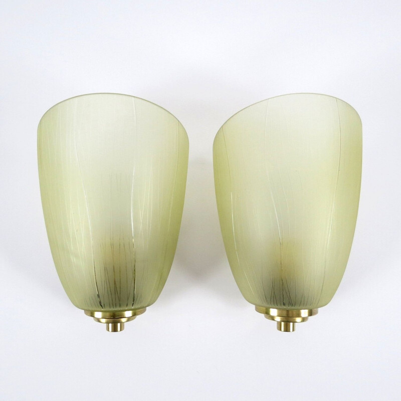 Pair of vintage glass and brass wall lamps, 1950s