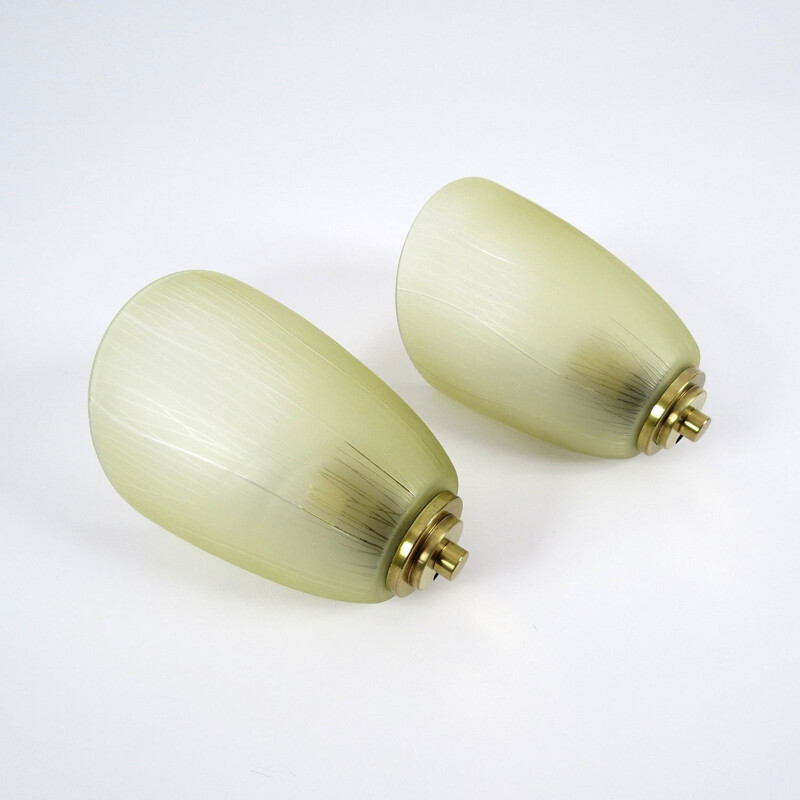 Pair of vintage glass and brass wall lamps, 1950s