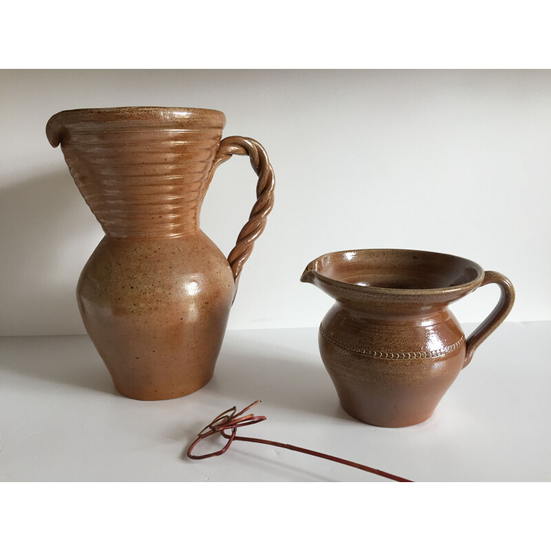 Set of 2 vintage glazed stoneware pitchers