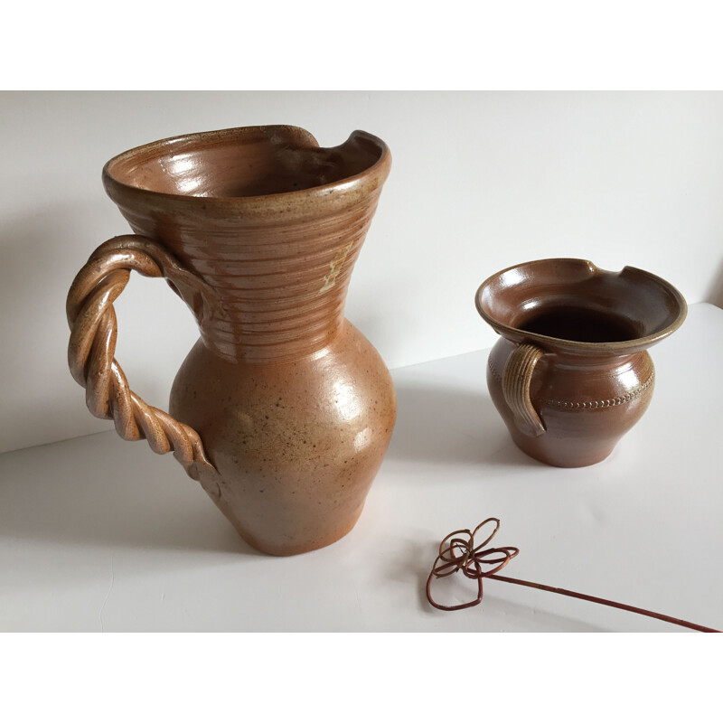 Set of 2 vintage glazed stoneware pitchers