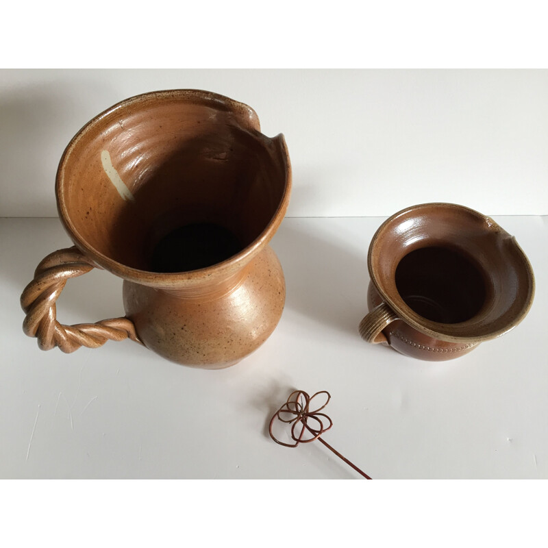 Set of 2 vintage glazed stoneware pitchers