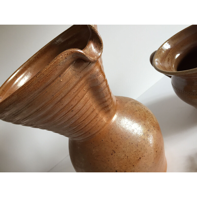 Set of 2 vintage glazed stoneware pitchers