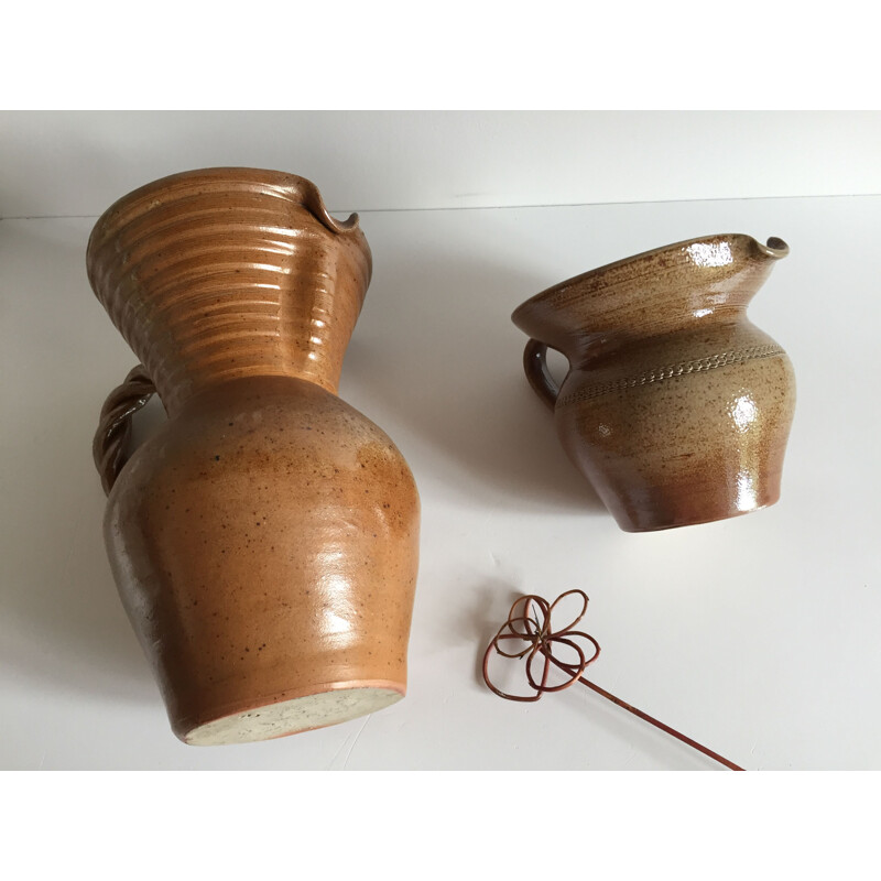 Set of 2 vintage glazed stoneware pitchers