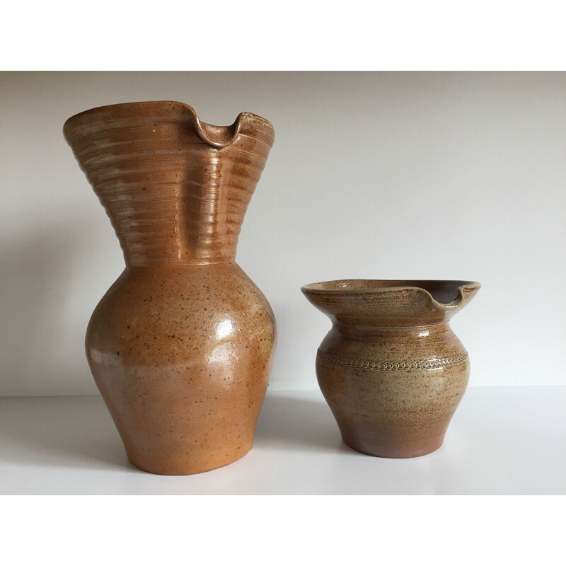 Set of 2 vintage glazed stoneware pitchers