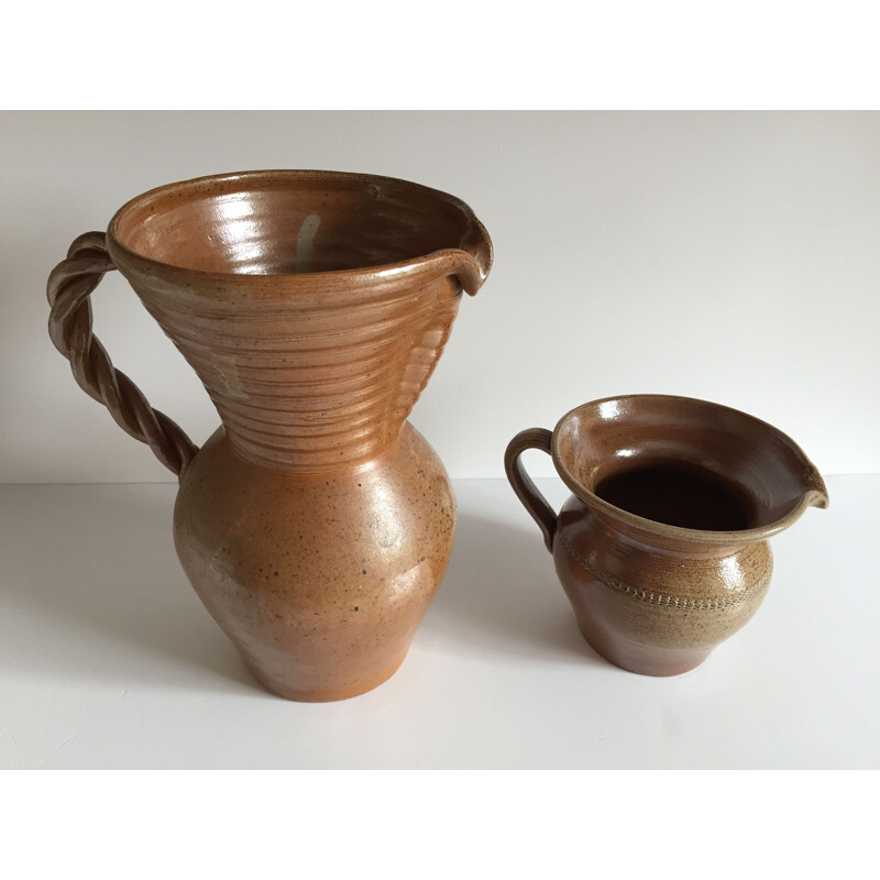 Set of 2 vintage glazed stoneware pitchers