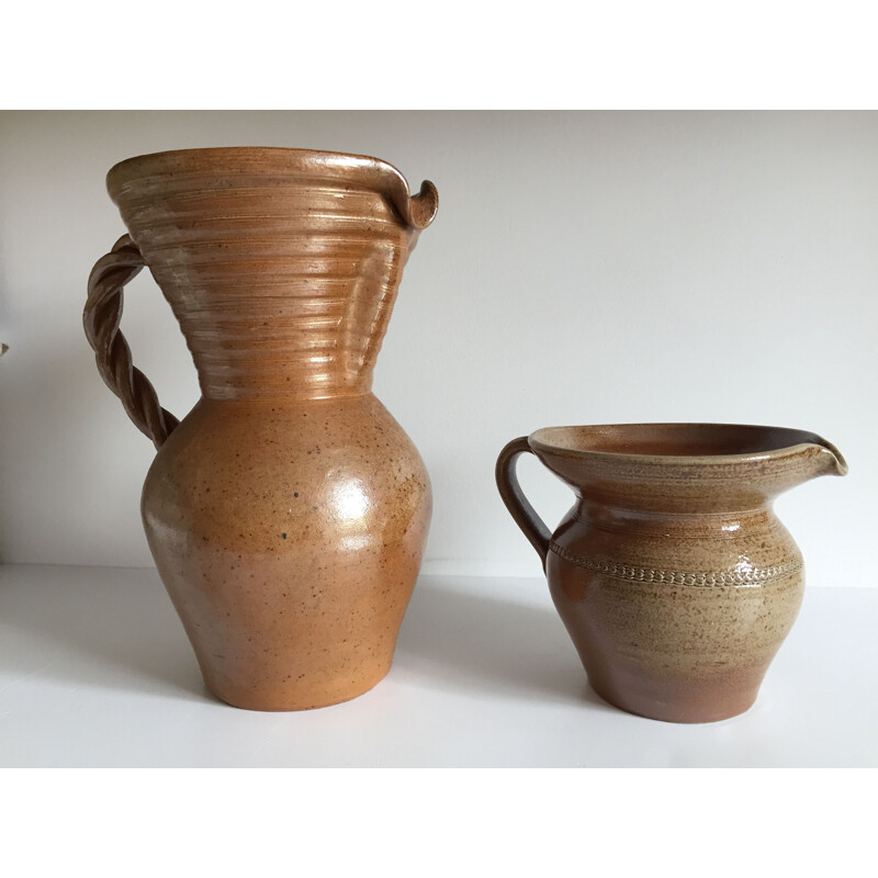 Set of 2 vintage glazed stoneware pitchers