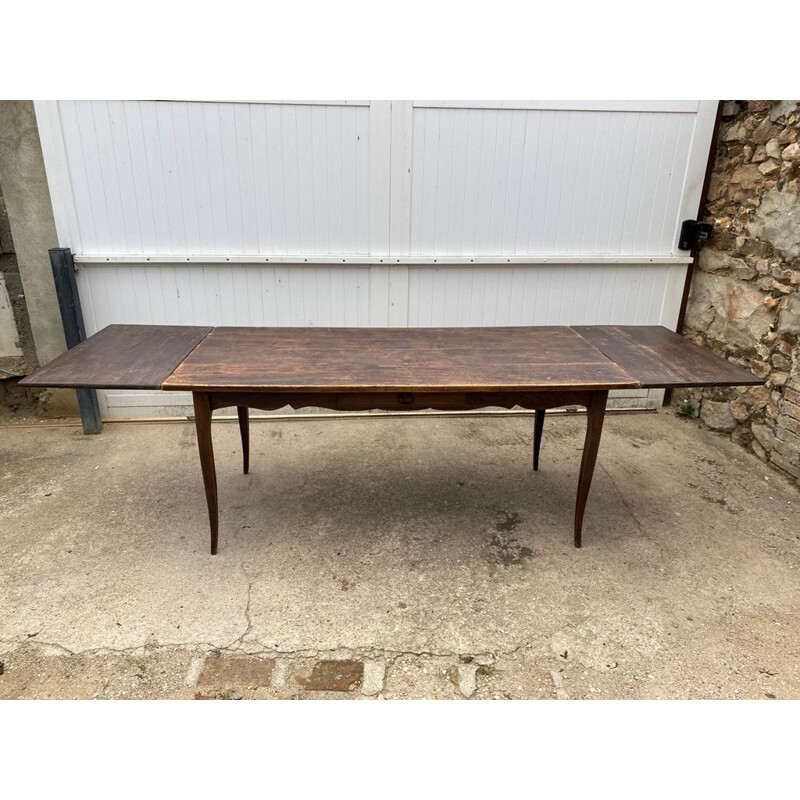 Vintage solid wood farm table with 1 drawer and 2 extensions, 1900