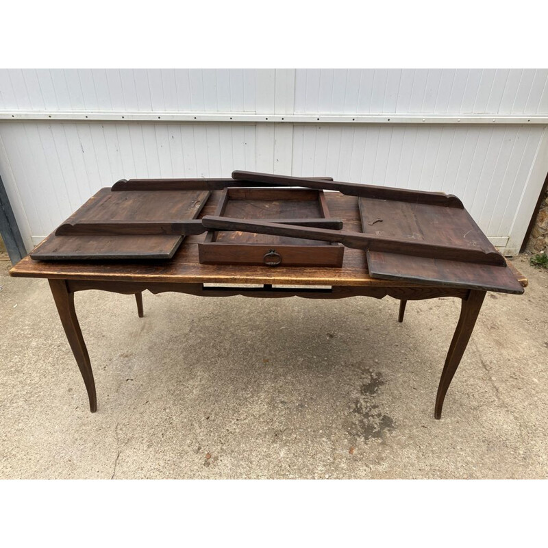 Vintage solid wood farm table with 1 drawer and 2 extensions, 1900