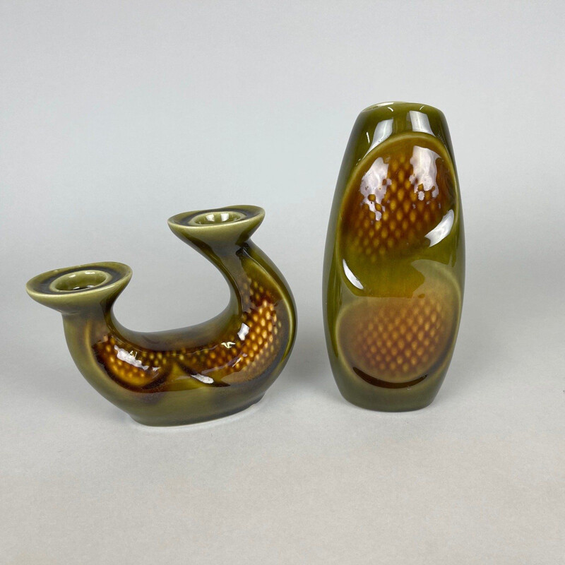 Vintage Ditmar Urbach ceramic vase and candle holder set, Czechoslovakia 1960