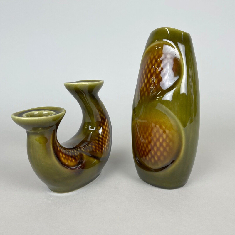 Vintage Ditmar Urbach ceramic vase and candle holder set, Czechoslovakia 1960