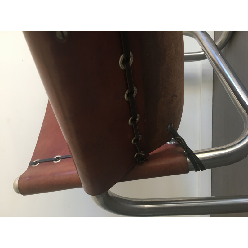 Pair of vintage Italian tubular steel and leather armchairs