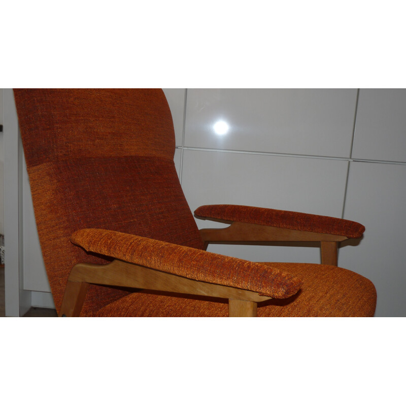 Sillón vintage de madera de haya y tela naranja - 1970