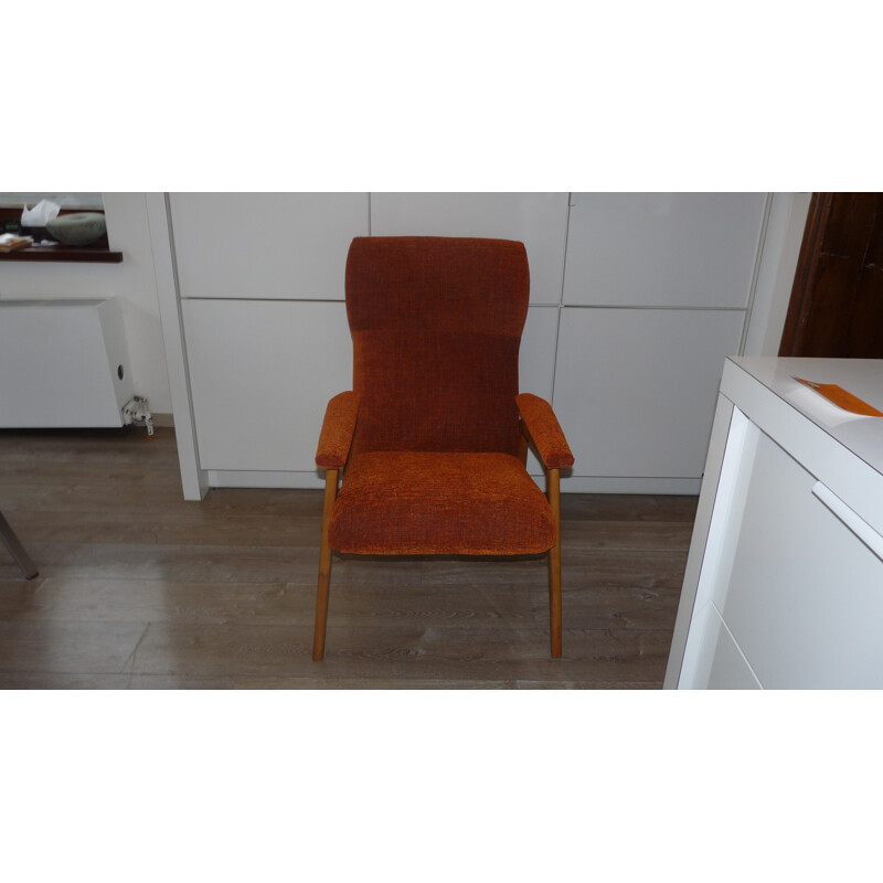 Vintage-Sessel aus Buchenholz und orangefarbenem Stoff - 1970