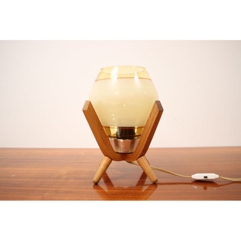 Mid-century wood and glass night stand lamp, Czechoslovakia 1970s