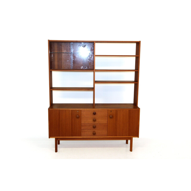 Vintage glass and wood bookcase, Sweden 1960