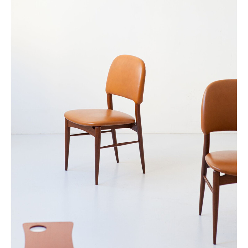 Pair of Italian vintage teak and cognac leather chairs, 1950s