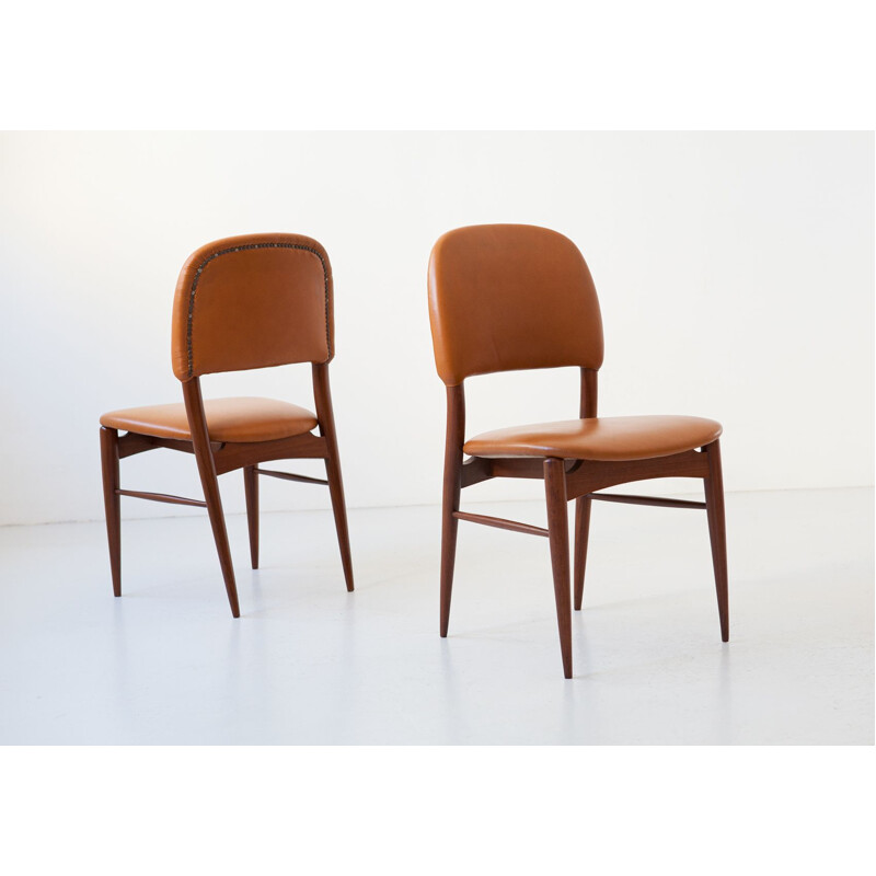 Pair of Italian vintage teak and cognac leather chairs, 1950s