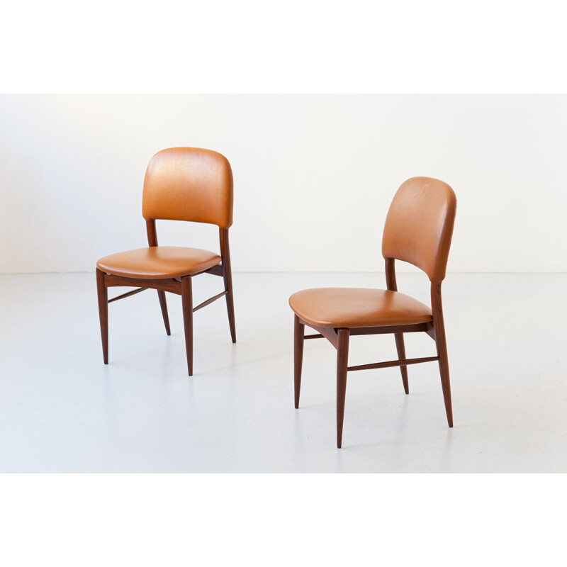 Pair of Italian vintage teak and cognac leather chairs, 1950s