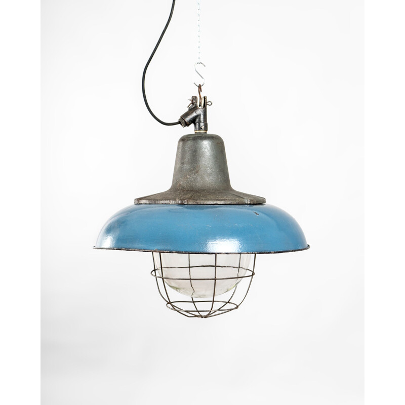 Blauw geëmailleerde vintage hanglamp, Polen 1970