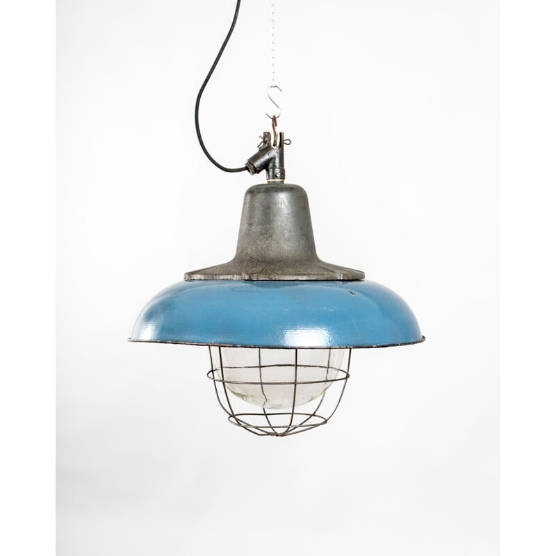 Blue enamelled vintage pendant lamp, Poland 1970