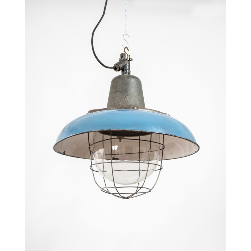 Blue enamelled vintage pendant lamp, Poland 1970