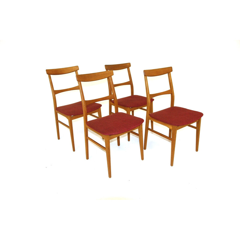 Set of 4 vintage oakwood and fabric chairs, Sweden 1960
