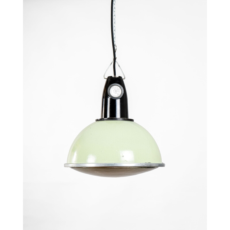 Mint green industrial pendant lamp, Poland 1970s