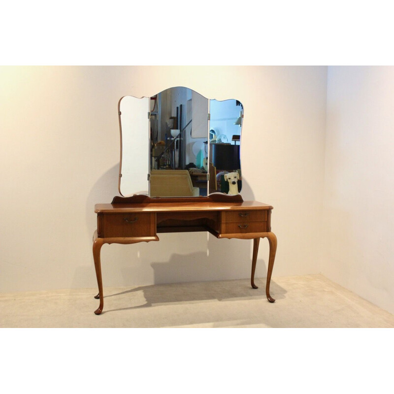 Vintage mahogany dressing table with three-panel mirror, 1950