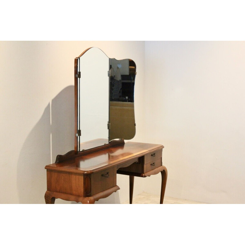 Vintage mahogany dressing table with three-panel mirror, 1950