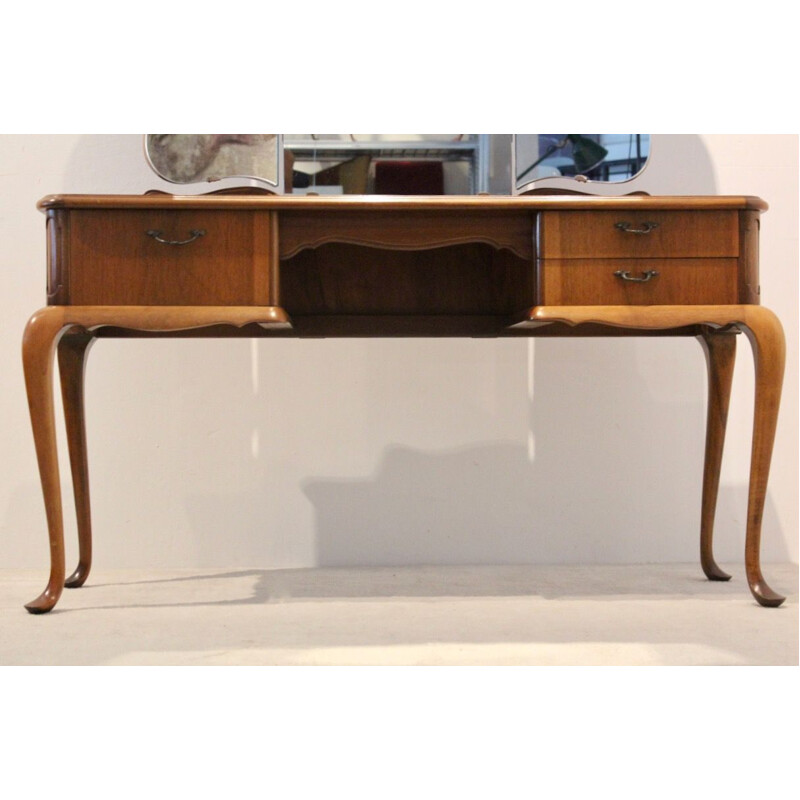 Vintage mahogany dressing table with three-panel mirror, 1950