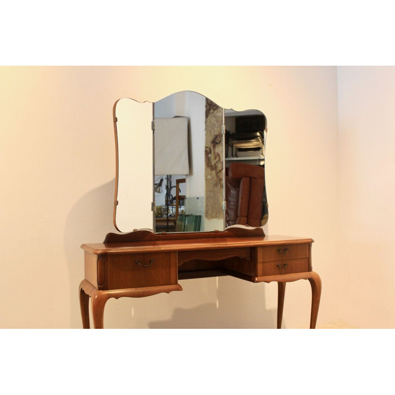 Vintage mahogany dressing table with three-panel mirror, 1950