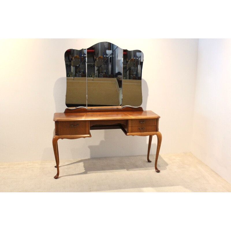 Vintage mahogany dressing table with three-panel mirror, 1950