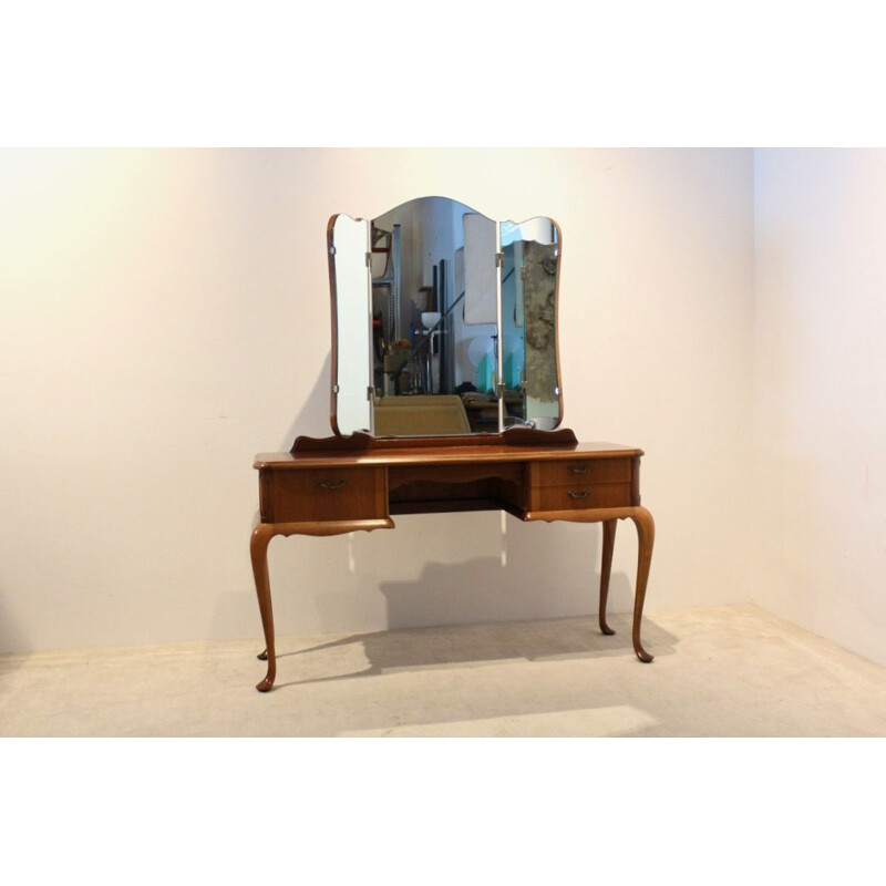 Vintage mahogany dressing table with three-panel mirror, 1950