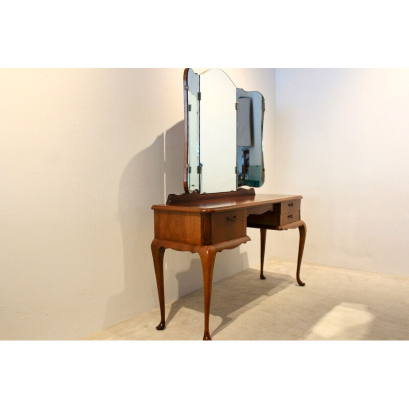 Vintage mahogany dressing table with three-panel mirror, 1950