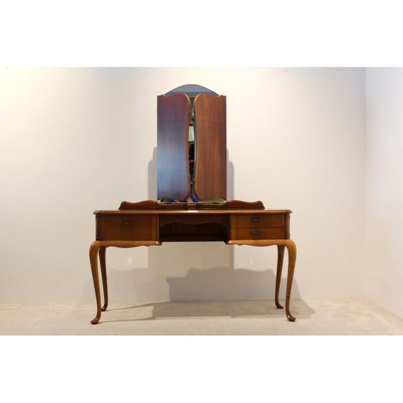 Vintage mahogany dressing table with three-panel mirror, 1950