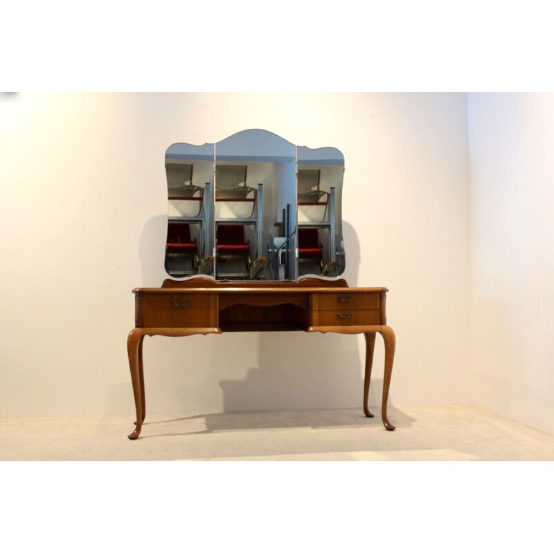 Vintage mahogany dressing table with three-panel mirror, 1950