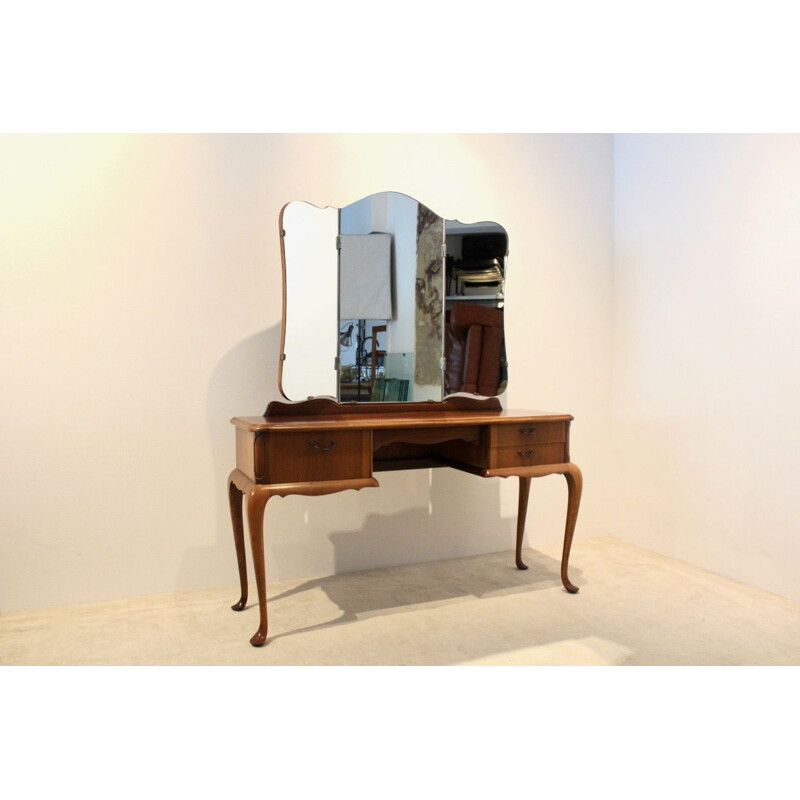 Vintage mahogany dressing table with three-panel mirror, 1950