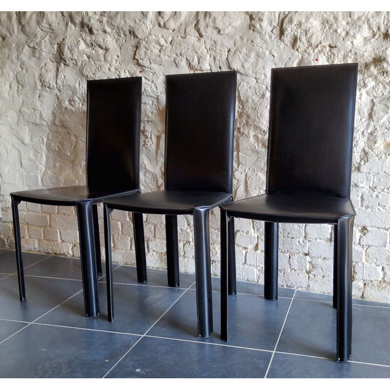 Conjunto de 3 cadeiras de aço e couro preto vintage da De Couro do brasil