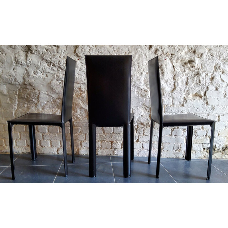 Ensemble de 3 chaises vintage en acier et cuir noir par De Couro of brazil